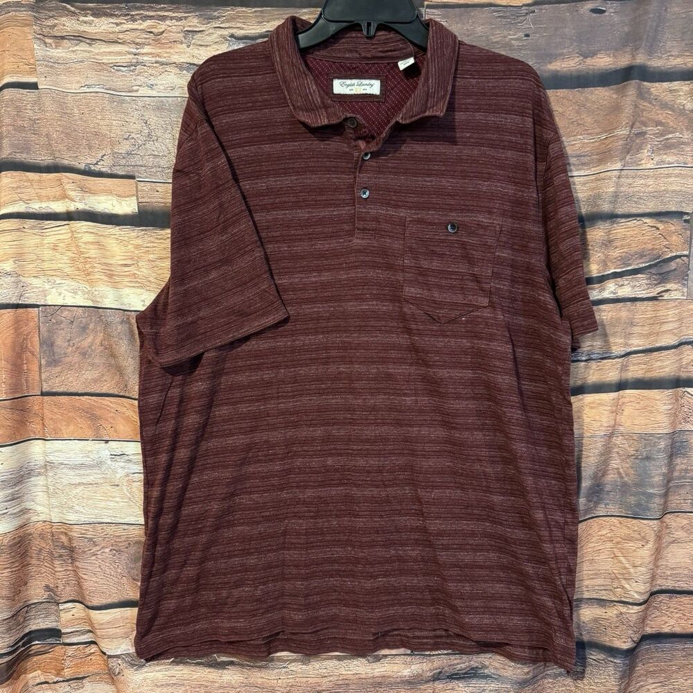 English Laundry Polo Shirt Mens XXL 2XL Burgundy Maroon Space Dye Stripe Pocket